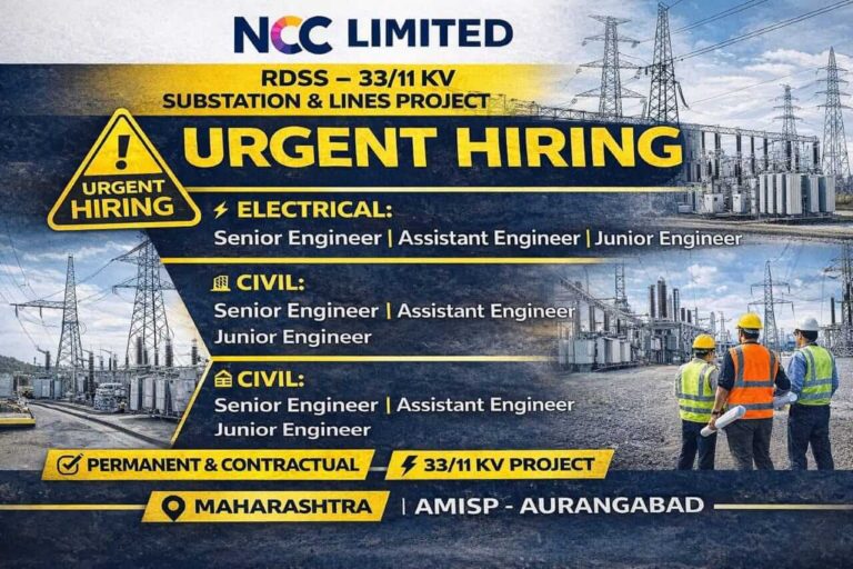 NCC Limited New Vacancy 2026 | for RDSS – 33/11 KV Lines & Substation Projects across Maharashtra. Both Permanent and Contractual roles
