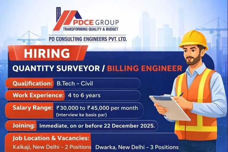 PD Consulting Engineers Pvt Ltd Vacancy 2026 | For Quantity Surveyor / Billing Engineers