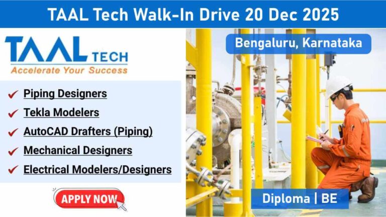 TAAL Tech Walk-In Drive 2026 | 50+ Open Positions for Piping, Mechanical, Electrical & Tekla Designers