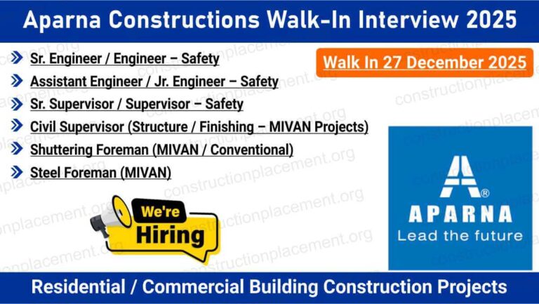 Aparna Constructions Walk-In Interview 2026 | Civil & Safety Professionals Required | MIVAN Project Jobs Hyderabad