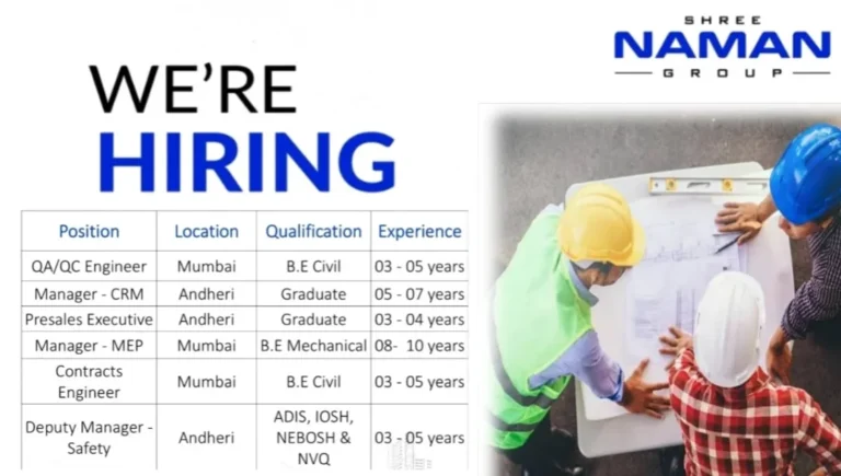 Shree Naman Group – Hiring Q&A Q1. Which company is hiring? A: Shree Naman Group, a reputed and fast-growing real estate organization. Q2. What positions are currently open? A: QA/QC Engineer Manager – CRM Presales Executive Manager – MEP Contracts Engineer Deputy Manager – Safety Q3. What are the job locations? A: Mumbai and Andheri. Q4. What qualifications are required? A: Civil Engineering roles: B.E. Civil MEP role: B.E. Mechanical CRM / Presales: Graduate Safety role: ADIS / IOSH / NEBOSH / NVQ Q5. What is the experience requirement? A: Experience ranges from 3 to 10 years, depending on the position. Q6. Is real estate experience mandatory? A: Prior experience in real estate or construction projects is preferred. Q7. How can candidates apply? A: Send your updated resume to hr@namangroup.com . Q8. Who should apply? A: Driven professionals looking for long-term growth with a dynamic real estate team. Q9. Is this a full-time opportunity? A: Yes, all positions are full-time roles. Q10. Why join Shree Naman Group? A: Opportunity to work on quality real estate projects with career growth and a professional work environment.