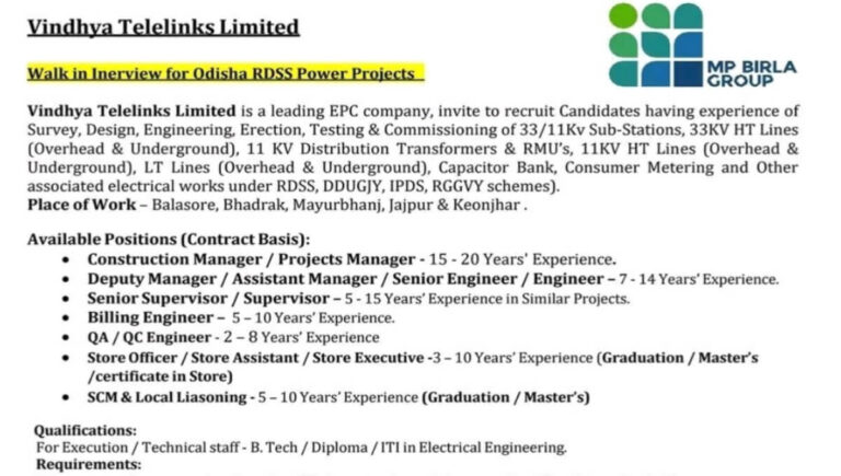 Vindhya Telelinks Limited Vacancy 2026 | Walk-in Interview for Odisha RDSS Power Projects