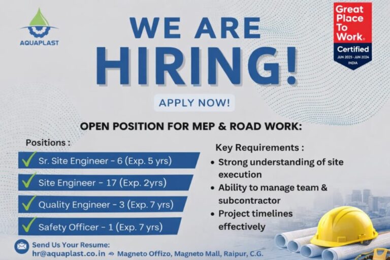 Aquaplast Infraprojects Pvt. Ltd Hiring 2026 | For MEP aur Road Work projects